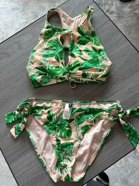 Tropical Leaf High Neck Bikini Set - Green on Blush